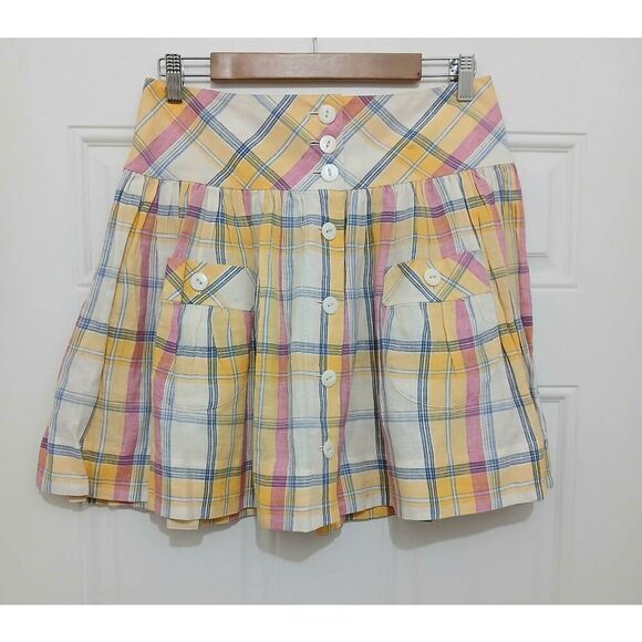 Y2k rugby polo womens 100% linen yellow plaid size 4 flare skirt - Picture 1 of 7